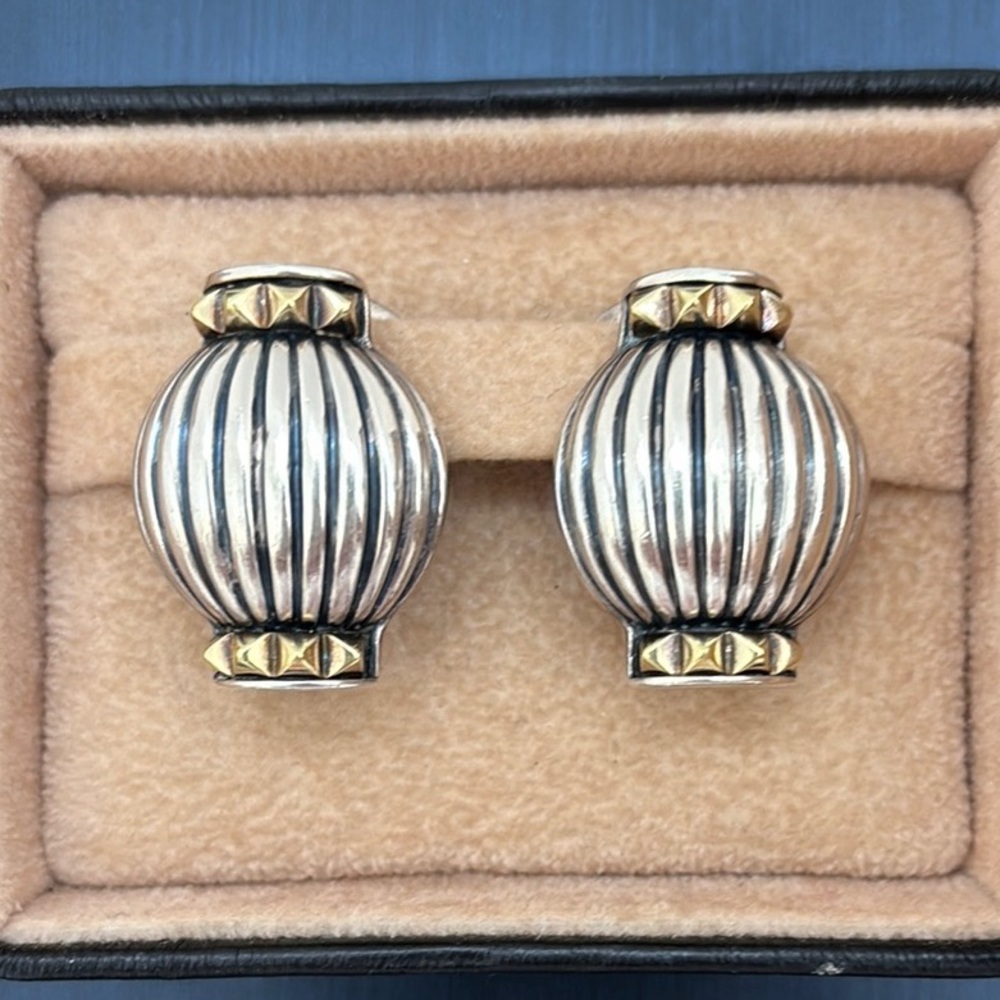 Lagos Caviar Collection Two-Tone Ribbed Dome Stud Earrings in Silver and Gold